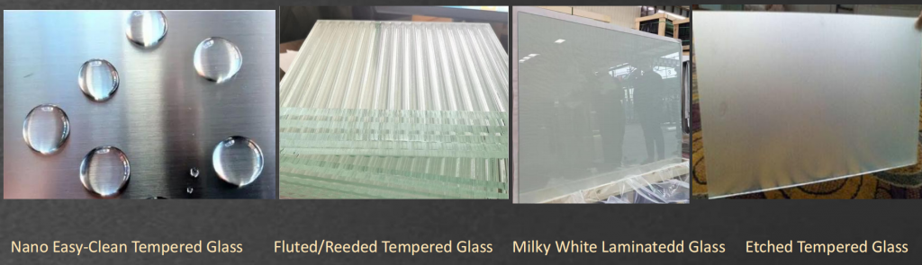 comparison of tempered, laminated, frosted, and patterned shower glass panels